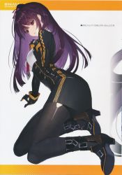 Rule 34 | 1girl, absurdres, ankle boots, black footwear, blush, boots, dress, full body, girls&#039; frontline, gloves, hand on own chest, high heels, highres, long hair, long sleeves, nakamura takeshi, necktie, pantyhose, parted lips, purple eyes, red necktie, scan, short dress, sidelocks, simple background, solo, torn clothes, wa2000 (girls&#039; frontline)