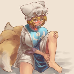 Rule 34 | 1girl, animal hat, bare legs, barefoot, blonde hair, breasts, bright pupils, brown eyes, chanta (ayatakaoisii), dress, fox tail, hat, knee up, large breasts, long sleeves, looking at viewer, mob cap, multiple tails, short hair, sitting, solo, tabard, tail, touhou, white dress, white hat, white pupils, yakumo ran