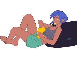 Rule 34 | 1girl, 2021, aqua shorts, artist name, bag of chips, bare arms, bare legs, bare shoulders, barefoot, bean bag chair, blue hair, chips (food), dark-skinned female, dark skin, dated, flat color, food, full body, grey shirt, highres, mouth hold, orange eyes, original, pointy ears, potato chips, shirt, short hair, shorts, simple background, solo, tank top, white background, yuccoshi