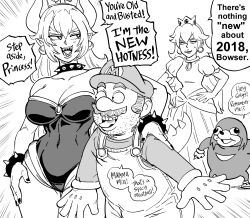 Rule 34 | 2boys, 2girls, absurdres, anniversary, bb (baalbuddy), bowsette, bracelet, breasts, cleavage, collar, collarbone, commentary, crown, dress, earrings, english commentary, english text, facial hair, gloves, hat, height difference, highres, horns, jewelry, knuckles the echidna, large breasts, leotard, long hair, looking at another, mario, mario (series), meme, multiple boys, multiple girls, mustache, new super mario bros. u deluxe, nintendo, overalls, princess peach, puffy short sleeves, puffy sleeves, sharp teeth, short sleeves, smile, sonic (series), speech bubble, spiked bracelet, spiked collar, spikes, standing, stubble, super crown, sweatdrop, taller female, teeth, tongue, tongue out, ugandan knuckles