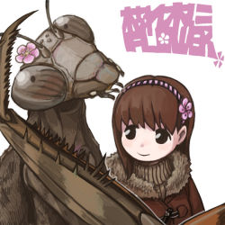 Rule 34 | 1girl, animal, black eyes, brown hair, bug, coat, flower, fur trim, hair flower, hair ornament, hairband, jacket, long hair, looking at another, mantis, original, oversized animal, sachy (sachichy), simple background, smile, text focus, translation request, turtleneck, white background