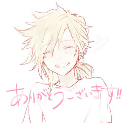Rule 34 | 1boy, bisuko, blonde hair, closed eyes, cloud strife, final fantasy, final fantasy vii, happy, heart, low ponytail, male focus, medium hair, open mouth, pastel colors, shirt, smile, solo, spiked hair, spoken heart, third-party source, translation request, upper body, white background, white shirt