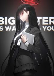 Rule 34 | 1girl, absurdres, arm at side, black hair, black jacket, black suit, blue archive, breasts, commentary request, english text, engrish text, formal, from side, gradient background, hair ornament, hairclip, halo, highres, holding, holding tablet pc, id card, jacket, large breasts, long hair, miniskirt, pantyhose, pleated skirt, ranguage, red eyes, rio (blue archive), s2j00, skirt, solo, suit, tablet pc, very long hair
