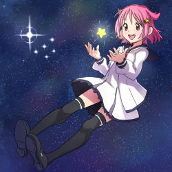 Rule 34 | 1girl, @@@, bad id, bad pixiv id, black pantyhose, black thighhighs, blush, female focus, full body, houkago no pleiades, open mouth, outdoors, pantyhose, pink hair, school uniform, short hair, sky, smile, solo, star (symbol), subaru (houkago no pleiades), thighhighs