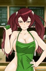 Rule 34 | apron, blurry, blurry background, breasts, cup, disposable cup, fire emblem, green apron, hand on own hip, hand on own hip, highres, iced latte with breast milk (meme), johncaden, large breasts, meme, naked apron, nintendo, red hair, severa (fire emblem), twintails