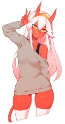 Rule 34 | 1girl, arm at side, colored skin, commission, demon girl, demon horns, demon tail, gluteal fold, grey sweater, hair between eyes, hairband, halphelt, hand up, highres, horns, long hair, long sleeves, looking at viewer, original, parted lips, red skin, sidelocks, simple background, solo, standing, sweater, tail, thighhighs, v, very long hair, white background, white hair, white thighhighs, yellow eyes, yellow hairband