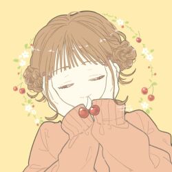 Rule 34 | 1girl, artist name, braid, braided bun, brown hair, brown sweater, cherry, closed eyes, closed mouth, commentary request, double bun, facing viewer, fingernails, flower, flower (symbol), food, fruit, hair bun, hands on own cheeks, hands on own face, long sleeves, mouth hold, nail polish, necono naco, no nose, original, pastel colors, pink nails, portrait, short hair, signature, solo, split mouth, sweater, white flower, yellow background