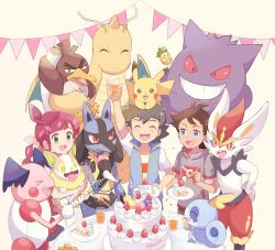 Rule 34 | 1girl, 2boys, antenna hair, arm up, ash ketchum, berry (pokemon), blue eyes, brown hair, cake, cake slice, chloe (pokemon), cinderace, closed eyes, commentary request, cookie, creatures (company), cup, dragonite, eyelashes, food, fork, galarian farfetch&#039;d, galarian form, game freak, gen 1 pokemon, gen 4 pokemon, gen 8 pokemon, gengar, glass, goh (pokemon), hair ornament, highres, holding, holding cup, holding fork, holding pokemon, long hair, lucario, mei (maysroom), mr. mime, multiple boys, nintendo, open mouth, party popper, pikachu, plate, pokemon, pokemon (anime), pokemon (creature), pokemon journeys, red hair, shirt, short sleeves, sleeveless, sleeveless jacket, smile, sobble, teeth, tongue, white shirt, yamper