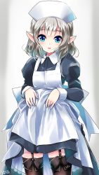 Rule 34 | 1girl, apron, black thighhighs, blue eyes, blush, cowboy shot, dated, elf, garter straps, hat, juliet sleeves, lifting own clothes, long sleeves, looking at viewer, nurse cap, original, pointy ears, puffy sleeves, short hair, silver hair, smile, solo, thighhighs, white apron, yamaguchi yuu