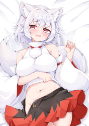 Rule 34 | 1girl, animal ear fluff, animal ears, arm under breasts, bed sheet, black skirt, blush, breasts, commentary request, cowboy shot, detached sleeves, fang, grey hair, groin, hair between eyes, hand up, inubashiri momiji, large breasts, long sleeves, looking at viewer, lying, miniskirt, navel, on back, open mouth, pom pom (clothes), red eyes, red skirt, rururiaru, shirt, short hair, skin fang, skirt, sleeveless, sleeveless shirt, solo, tail, touhou, two-tone skirt, wavy mouth, white shirt, wide sleeves, wolf ears, wolf girl, wolf tail