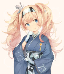Rule 34 | 1girl, alternate costume, blonde hair, blue eyes, flower, gambier bay (kancolle), gloves, hairband, highres, kantai collection, long hair, long sleeves, malachite, multicolored clothes, multicolored gloves, pink background, simple background, solo, twintails, white flower, wide sleeves