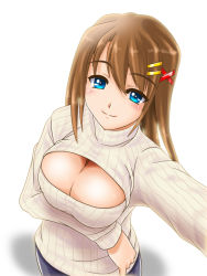 Rule 34 | 1girl, blue eyes, breast hold, breasts, brown hair, cleavage, cleavage cutout, clothing cutout, hair ornament, hairclip, large breasts, long hair, looking at viewer, looking up, lyrical nanoha, mahou senki lyrical nanoha force, meme attire, open-chest sweater, outstretched arm, ribbed sweater, san-pon, smile, solo, sweater, x hair ornament, yagami hayate