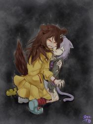Rule 34 | ahoge, angry, animal ear fluff, animal ears, bone hair ornament, braid, cartoon bone, cat ears, cat girl, cat tail, claws, dog ears, dog girl, hair between eyes, hair ornament, highres, holding person, hololive, inugami korone, inugami korone (1st costume), jacket, long sleeves, low twin braids, multiple girls, nekomata okayu, nekomata okayu (1st costume), open mouth, protecting, purple hair, short hair, tail, tail raised, torn clothes, twin braids, virtual youtuber, yellow jacket, you sakura ys