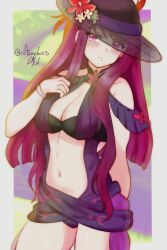 Rule 34 | 1girl, alternate costume, black hat, blue one-piece swimsuit, blush, bracelet, breasts, cleavage, commentary, female focus, fire emblem, fire emblem engage, fire emblem heroes, flower, flower hat, hat, highres, ivy (fire emblem), ivy (summer) (fire emblem), jewelry, large breasts, matching hair/eyes, mole, navel, nintendo, official alternate costume, one-piece swimsuit, purple eyes, purple hair, rotomdocs, signature, solo, stomach, sun hat, swimsuit