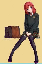 Rule 34 | 1girl, bag, beige background, boots, cardigan, green cardigan, green skirt, hair ornament, hairclip, high heel boots, high heels, highres, long sleeves, looking at viewer, love live!, love live! school idol project, nakano maru, nishikino maki, pantyhose, plaid, plaid skirt, purple eyes, red hair, school uniform, short hair, simple background, sitting, skirt, solo, thigh boots, twitter username, yellow background