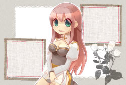 Rule 34 | 1girl, arch bishop (ragnarok online), aura (a440), black dress, breasts, cleavage, cleavage cutout, clothing cutout, commentary request, cowboy shot, dress, eyes visible through hair, flower, green eyes, hair between eyes, long hair, looking at viewer, medium breasts, open mouth, pink hair, ragnarok online, smile, solo, two-tone dress, white dress, white flower