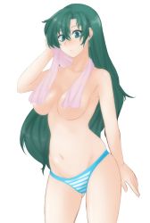 Rule 34 | 1girl, blush, breasts, collarbone, covered erect nipples, curvy, drying, earrings, female focus, fire emblem, fire emblem: the blazing blade, fire emblem heroes, gluteal fold, green eyes, green hair, hair between eyes, highres, jewelry, legs, long hair, looking at viewer, lyn (fire emblem), medium breasts, navel, nintendo, nude, open mouth, panties, parted lips, solo, standing, striped clothes, striped panties, thighs, towel, towel around neck, transparent background, tridisart, underwear