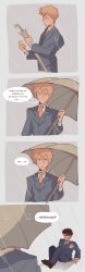 Rule 34 | 2boys, absurdres, blonde hair, brown hair, closed umbrella, collared shirt, comic, commentary, english text, formal, grey background, highres, holding, holding umbrella, long sleeves, looking at another, male focus, mob psycho 100, mp100days, multiple boys, necktie, on ground, pants, rain, reigen arataka, serizawa katsuya, shirt, short hair, simple background, sitting, smile, speech bubble, standing, suit, umbrella