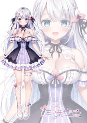 Rule 34 | 1girl, :d, artist name, bare shoulders, black dress, black ribbon, blue eyes, blush, braid, breasts, cleavage, closed mouth, commentary request, dress, fang, full body, hair ribbon, highres, indie virtual youtuber, looking at viewer, medium breasts, mitsuba choco, mitsuba choco (vtuber), multiple views, open mouth, purple dress, ribbon, shoes, silver hair, simple background, sleeveless, sleeveless dress, smile, solo, standing, striped clothes, striped dress, vertical-striped clothes, vertical-striped dress, virtual youtuber, white background, white footwear, wrist cuffs, zoom layer