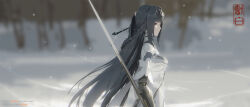 Rule 34 | 1girl, artist logo, black eyes, black hair, blunt bangs, blurry, blurry background, bodysuit, braid, breasts, eyeliner, eyes visible through hair, from side, hair intakes, hair ornament, hairpin, half updo, headpiece, highres, holding, holding sword, holding weapon, jian (weapon), long hair, looking at viewer, looking to the side, makeup, mechanical arms, medium breasts, punishing: gray raven, qu (punishing: gray raven), red eyeliner, reverse grip, side braid, sidelocks, sideways glance, snow, snowing, solo, sword, tree, upper body, very long hair, watermark, weapon, web address, white bodysuit, yibai