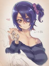 Rule 34 | 10s, 1girl, :&gt;, alternate costume, bare shoulders, blue hair, breasts, casual, cleavage, eyepatch, fingerless gloves, gloves, gradient background, hairband, heart, kantai collection, large breasts, looking at viewer, meme50, short hair, side ponytail, sketch, solo, sweater, tenryuu (kancolle), v, yellow eyes