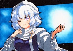 Rule 34 | 1girl, bad id, bad twitter id, blue background, letty whiterock, light purple hair, one eye closed, open mouth, pink eyes, qqqrinkappp, short hair, solo, touhou, traditional media, white hair
