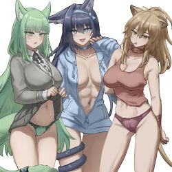 3girls abs animal_ears arknights bare_shoulders black_hair black_tail blaze_(arknights) blonde_hair blue_eyes blue_jacket blush breasts bright_pupils buttons cardigan chinese_commentary cleavage clothes_lift collarbone collared_shirt commentary_request contrapposto cowboy_shot drawstring green_eyes green_hair green_panties green_tail grey_cardigan grey_skirt group_picture hair_between_eyes harmonie_(arknights) highres hood hood_down hooded_jacket infection_monitor_(arknights) jacket large_breasts lifting_own_clothes long_hair long_sleeves looking_at_viewer loonloon123456 medium_hair mouth_hold multiple_girls navel navel_piercing open_mouth panties partially_unzipped piercing pink_panties pleated_skirt shirt siege_(arknights) simple_background skirt skirt_lift smile standing sweatdrop tail tail_around_own_leg underwear white_background white_pupils white_shirt yellow_tail zipper_pull_tab