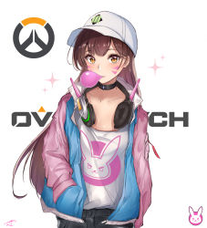 Rule 34 | 1girl, baseball cap, black choker, black pants, blowing bubbles, breasts, brown eyes, brown hair, casual, chewing gum, choker, cleavage, collarbone, commentary request, copyright name, d.va (overwatch), facial mark, glint, hand in pocket, hat, headphones, headphones around neck, highres, jacket, konata (knt banri), logo, long hair, long sleeves, looking at viewer, multicolored clothes, multicolored jacket, open clothes, open jacket, overwatch, overwatch 1, pants, sanpaku, shirt, shirt tucked in, signature, sketch, solo, sparkle, standing, two-sided fabric, two-sided jacket, two-tone jacket, upper body, whisker markings, white background, white hat, white shirt