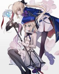 Rule 34 | 2girls, ahoge, arms behind back, artoria caster (fate), artoria caster (second ascension) (fate), artoria pendragon (all), artoria pendragon (fate), bare shoulders, black bow, black gloves, black pantyhose, black ribbon, blonde hair, blue cape, blue footwear, blue headwear, blush, bow, bowtie, breasts, buttons, cape, closed eyes, commentary request, dress, fate/grand order, fate/unlimited codes, fate (series), flower, frilled skirt, frills, gloves, green eyes, hair between eyes, hair bow, hat, high heels, highres, holding, holding staff, holding weapon, leg up, long hair, long sleeves, multiple girls, nayu tundora, neck ribbon, open mouth, pantyhose, parted lips, petals, pink flower, ponytail, purple bow, purple neckwear, ribbon, saber lily, short hair, sidelocks, sitting, skirt, sleeveless, sleeveless dress, small breasts, smile, staff, twintails, weapon, white dress, white gloves