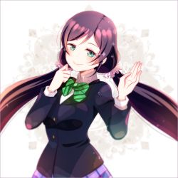 Rule 34 | 10s, 1girl, bad id, bad pixiv id, blazer, blush, bow, bowtie, checkered clothes, checkered skirt, green eyes, jacket, long hair, looking at viewer, love live!, love live! school idol project, purple hair, revision, school uniform, skirt, smile, solo, tojo nozomi, twintails, waving, yugamu neiro
