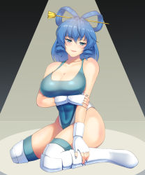 Rule 34 | 1girl, blue eyes, blue hair, blush, breasts, cleavage, collarbone, commission, competition swimsuit, fingerless gloves, gloves, hair ornament, hair rings, hair stick, highleg, highres, kaku seiga, large breasts, leotard, looking at viewer, mattyakinako (odango imomushi), nail polish, one-piece swimsuit, pixiv commission, sitting, smile, solo, swimsuit, thighhighs, thighs, touhou, white thighhighs