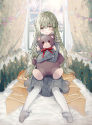 Rule 34 | 1girl, bow, cecilia (shiro seijo to kuro bokushi), dress, green eyes, green hair, grey dress, hair between eyes, kazutake hazano, long hair, long sleeves, looking at viewer, no shoes, hugging object, pantyhose, parted lips, pennant, puffy long sleeves, puffy sleeves, red bow, shiro seijo to kuro bokushi, sitting, sleeves past wrists, smile, soles, solo, string of flags, stuffed animal, stuffed toy, teddy bear, very long hair, white pantyhose, window