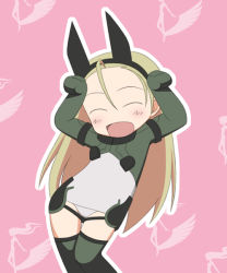 Rule 34 | 1girl, :d, ^ ^, ahoge, animal ears, arms up, blonde hair, blush, caramelldansen, chibi, closed eyes, dancing, elise von dietrich, closed eyes, fake animal ears, flat chest, gaou (babel), gloves, green thighhighs, hairband, happy, headgear, leaning, leotard, logo, long hair, motionslit, open mouth, outline, parody, pilot suit, pink background, popotan, silhouette, sky girls, smile, solo, thigh gap, thighhighs, very long hair