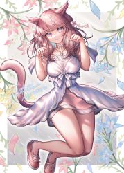 Rule 34 | 1girl, animal ears, warrior of light (ff14), bare legs, blue eyes, blush, breasts, cat ears, cat tail, choker, closed mouth, collarbone, commentary request, commission, dress, fictional persona, final fantasy, final fantasy xiv, flower, full body, hands up, highres, jewelry, large breasts, long hair, looking at viewer, miqo&#039;te, mirukurim, necklace, paw pose, pink hair, pixiv commission, red footwear, revision, shoes, smile, solo, tail, thank you, thighs, white dress