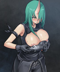 Rule 34 | 1girl, arknights, armband, armor, bad id, bad pixiv id, black gloves, blush, breastplate, breasts, brown eyes, cleavage, cleavage cutout, clothes around waist, clothing cutout, commentary request, gloves, green hair, hair ornament, hair over shoulder, havockr, horns, hoshiguma (arknights), jacket, jacket around waist, lactation, large breasts, nipple slip, nipples, no bra, nose blush, single horn, skin-covered horns, solo, sweat, unworn armor