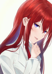 Rule 34 | 1girl, :d, absurdres, blue eyes, collared shirt, hair between eyes, highres, lab coat, long hair, looking at viewer, makise kurisu, necktie, open mouth, red hair, red necktie, shirt, simple background, smile, solo, steins;gate, straight hair, white background, white shirt, wing collar, xo30d468tvlyo1d