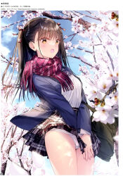 Rule 34 | 1girl, absurdres, bag, blazer, blue sky, blush, bow, branch, breasts, brown eyes, brown hair, buttons, cherry blossoms, cloud, cloudy sky, day, hair bow, highres, jacket, kobayashi chisato, long hair, long sleeves, open clothes, open mouth, original, outdoors, panties, pleated skirt, scan, scarf, school bag, school uniform, shirt, simple background, skirt, sky, small breasts, solo, twintails, underwear, white panties, white shirt, winter clothes