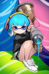 Rule 34 | 1girl, aerospray (splatoon), black shirt, black shorts, blue eyes, blue hair, blunt bangs, bob cut, closed mouth, commentary, dolphin shorts, headphones, highres, inkling, inkling girl, inkling player character, long sleeves, looking at viewer, nintendo, no socks, over shoulder, oversized object, paint, pointy ears, shima (5p6p7p), shirt, shoes, short hair, short shorts, shorts, sitting, smile, sneakers, solo, splatoon (series), splatoon 2, symbol-only commentary, tentacle hair, white footwear