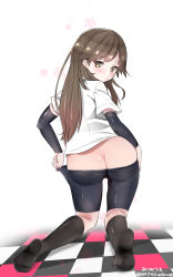 Rule 34 | 10s, 1girl, arashio (kancolle), arm warmers, ass, bad id, bad pixiv id, bike shorts, bike shorts pull, black socks, brown eyes, brown hair, butt crack, from behind, highres, kantai collection, kneehighs, kneeling, long hair, looking back, mitsudoue, no panties, simple background, socks, solo, undressing