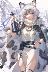 Rule 34 | 1girl, absurdres, animal ear fluff, animal ears, arknights, bead necklace, beads, bell, belt, black hair, braid, cross-laced clothes, dress, hair between eyes, head chain, highres, holding, holding bell, jewelry, long hair, looking at viewer, multicolored hair, necklace, pramanix (arknights), shino pupille, snowing, solo, spotted tail, tail, thighhighs, twin braids, white dress, white hair