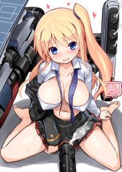 Rule 34 | 1girl, barefoot, blonde hair, blue eyes, blush, breasts, heart, large breasts, long hair, looking at viewer, machine, messy (efuya), navel, off shoulder, open clothes, open mouth, side ponytail, sitting, skirt, smoke, solo, tears, wariza