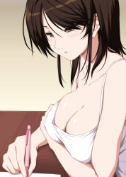 Rule 34 | 1girl, bare arms, bare shoulders, blush, breast hold, breasts, brown eyes, brown hair, camisole, cleavage, collarbone, commentary request, covered erect nipples, half-closed eyes, highres, holding, holding pencil, indoors, large breasts, mechanical pencil, nori tamago, original, paper, parted lips, pencil, short hair, sidelocks, solo, spaghetti strap, upper body