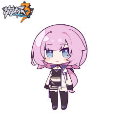 Rule 34 | 1girl, black gloves, black shirt, black shorts, blue choker, blush stickers, breasts, chibi, choker, cleavage, closed mouth, copyright name, crop top, elysia (honkai impact), eta, full body, gloves, honkai (series), honkai impact 3rd, jacket, looking at viewer, low ponytail, midriff, navel, open clothes, open jacket, pink hair, ponytail, purple footwear, ribbon-trimmed sleeves, ribbon trim, shirt, shoes, short shorts, short sleeves, shorts, simple background, small breasts, smile, solo, standing, thighhighs, white background, white jacket
