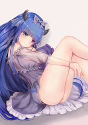 Rule 34 | 1girl, ass, azur lane, bare shoulders, blue eyes, blue hair, blush, bracelet, closed mouth, dress, feet out of frame, grey ribbon, habu rin, hair ribbon, heterochromia, highres, horns, ibuki (azur lane), jewelry, long hair, looking at viewer, off shoulder, red eyes, ribbon, see-through, sitting, smile, solo, thighs