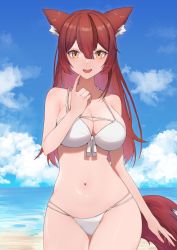 Rule 34 | 1girl, :d, animal ear fluff, animal ears, bare arms, bare shoulders, beach, bikini, blue sky, blush, breasts, cleavage, cloud, commission, cowboy shot, day, front-tie top, hair between eyes, halterneck, hand up, highres, index finger raised, long hair, looking at viewer, medium breasts, multi-strapped bikini, navel, ocean, open mouth, original, outdoors, panties, red hair, red tail, sidelocks, skeb commission, skindentation, sky, smile, solo, string panties, swimsuit, tail, thighs, underwear, white bikini, wolf ears, wolf girl, wolf tail, yellow eyes, yuzuruka (bougainvillea)
