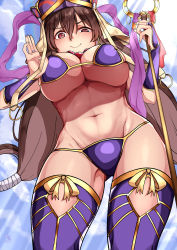 Rule 34 | 1girl, absurdres, bad id, bad pixiv id, bead necklace, beads, bikini, bikini top only, breasts, bridal gauntlets, cleavage, cloud, cloudy sky, commentary request, day, earrings, fate/grand order, fate (series), from below, gourd, hair between eyes, hat, headpiece, highres, hoop earrings, jewelry, large breasts, navel, necklace, nello kun, outdoors, purple bikini, red eyes, sky, smile, staff, swimsuit, thighhighs, xuangzang sanzang (fate)