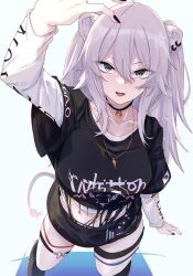 Rule 34 | 1girl, absurdres, alternate costume, animal ears, arm up, black choker, black footwear, black shirt, black shorts, breasts, choker, collarbone, commentary request, ear piercing, grey eyes, grey hair, hair between eyes, highres, hololive, large breasts, lion ears, lion girl, lion tail, long hair, long sleeves, looking at viewer, minagokoro, open mouth, piercing, shirt, shishiro botan, shorts, sidelocks, simple background, solo, tail, thigh strap, torn clothes, torn shirt, virtual youtuber, white background, white shirt