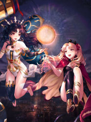 Rule 34 | 2girls, absurdres, bare shoulders, barefoot, black hair, black legwear, blonde hair, blush, bow, breasts, cape, earrings, ereshkigal (fate), fate/grand order, fate (series), gloves, hair bow, hair ornament, high heels, highres, ishtar (fate), jewelry, leon v, long hair, looking at another, looking at viewer, multiple girls, navel, red eyes, siblings, single glove, single sleeve, single thighhigh, sisters, small breasts, smile, stirrup legwear, thighhighs, thighs, tiara, toeless legwear, twintails