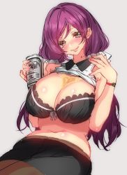 Rule 34 | 10s, 1girl, alcohol, bad id, bad twitter id, beer, beer can, black bra, black pantyhose, blush, bra, breasts, bust cup, can, cleavage, drink can, green eyes, grey background, highres, hohehohe, huge breasts, long hair, looking at viewer, love live!, love live! school idol project, low twintails, navel, pantyhose, parted lips, purple hair, simple background, skirt, sleeveless, smile, solo, sweat, tojo nozomi, twintails, underwear, watch, wristwatch