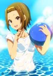 Rule 34 | 1girl, :d, ball, bangs pinned back, beachball, bikini, bikini under clothes, black bikini, blue sky, brown eyes, brown hair, collarbone, commentary request, day, forehead, hairband, highres, holding, holding ball, index finger raised, k-on!, nyanmaru (ememing), ocean, open mouth, outdoors, partially submerged, round teeth, see-through, short hair, short sleeves, signature, sky, smile, solo, swimsuit, tainaka ritsu, teeth, transparent, upper body, upper teeth only, water, yellow hairband